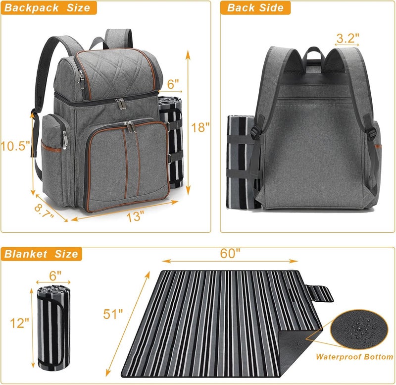 TwentyNext Picnic Backpack for 4, Picnic Basket Set, Leakproof Picnic Bag, Beach Cooler Backpack with Insulated Cooler Wine Pouch,Picnic Blanket, Double Deck Picnic Backpack for Beach,Camping,Park(Grey) - Image 5